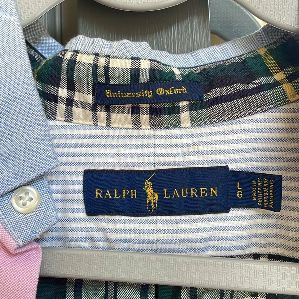 Vintage Ralph Lauren Men's Pink and Blue Patchwork Shirt - Picture 2 of 5